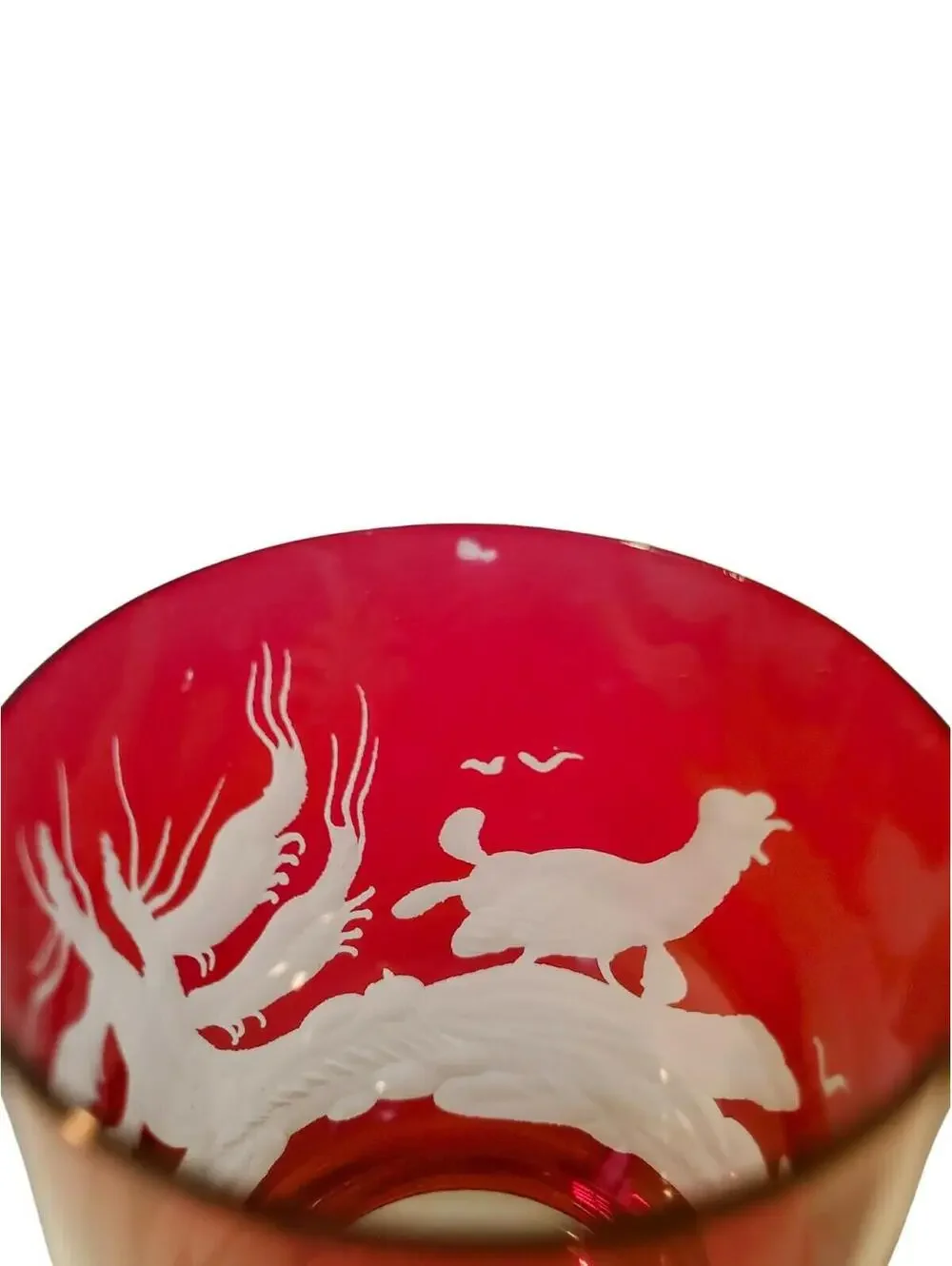 Vtg Riedel Tyrol Cranberry Etched Crystal Footed Drinking Glass Hunting Motif